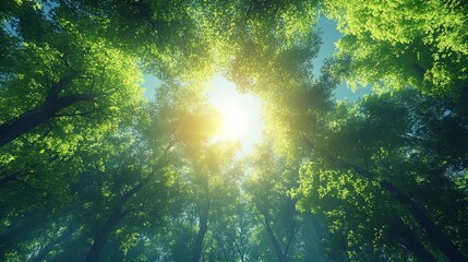 Obraz premium A verdant forest carpeted with emerald foliage, sunlight filtering through the canopy and dappling the forest floor with specks of gold. Concept of rejuvenation and tranquility. Generative Ai.