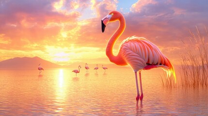 Fototapeta premium A vibrant flamingo stands gracefully in shimmering water at sunset, surrounded by a serene landscape filled with soft colors and other flamingos.