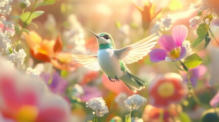Fototapeta premium Hummingbird in vibrant flower garden at sunset.