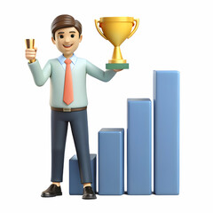 Entrepreneur Celebrating Achievement with Trophy and Rising Bar Graph Symbolizing Business Growth and Financial Success