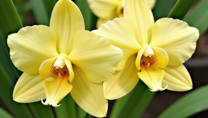 Obraz premium yellow sea foam cymbidium orchid blooms delicate petals stunning floral