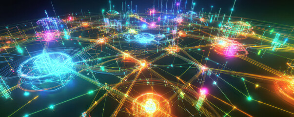 Fototapeta premium vibrant network of interconnected hubs with glowing lines and nodes