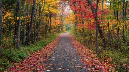 Scenic autumn path through vibrant fall foliage.