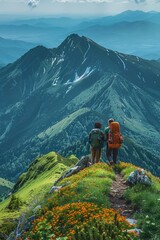 Hikers celebrate their journey at the summit with breathtaking mountain views and wildflowers