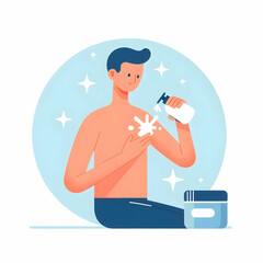 Flat Chibi Illustration of Person Applying Body Lotion for Hydration and Self-Care, Ample Copy Space Below