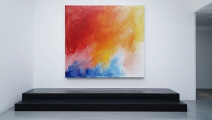 A gallery wall with a large, eye-catching painting in shades of red, orange, yellow, and blue, hung on pristine white walls. A black step placed nearby adds depth to the scene, highlighting.