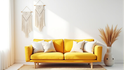 A living room with white walls, earthy tones, a jute rug, and boho-style pillows on a minimalist sofa