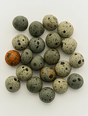 Obraz premium A pile of speckled bird eggs, mostly grey and some orange, on a white background.