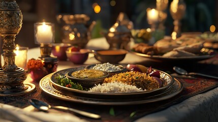 Elegant Table Setting Featuring a Thali with Various Dishes