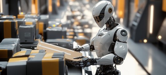 Futuristic Warehouse: A Robot's Precision in Package Handling