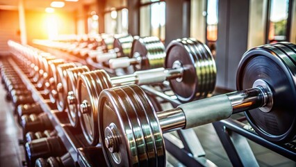 Fototapeta premium Close-up of shiny dumbbells in a modern gym , fitness, exercise, equipment, weights, workout, strength training