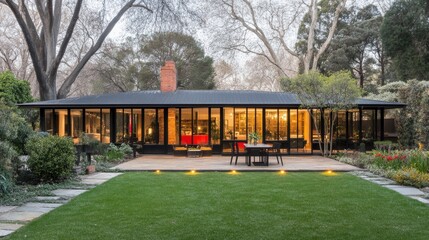 A contemporary home with a stunning landscaped garden, accentuated by stylish pathway lights and a glowing patio.