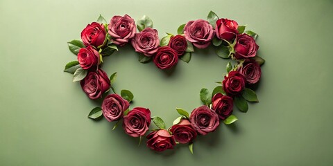 Obraz premium Romantic Dark Red Roses Arranged in a Heart Shape on Green Background