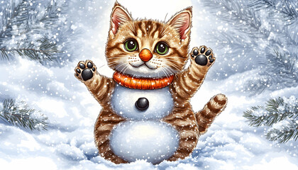 Adorable tabby kitten dressed as snowman in snowy winter scene.