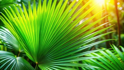 Obraz premium Close-up of a vibrant green palm leaf in a lush tropical garden , palm, leaf, tropical, green, lush, close-up