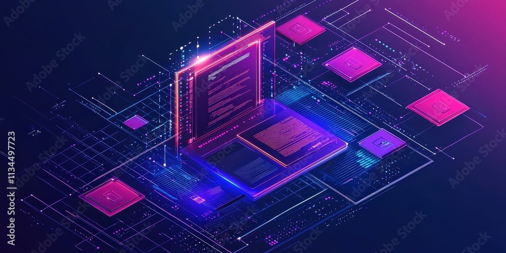Poster futuristic abstract network grid with digital files and folders displaying on a computer screen in a
