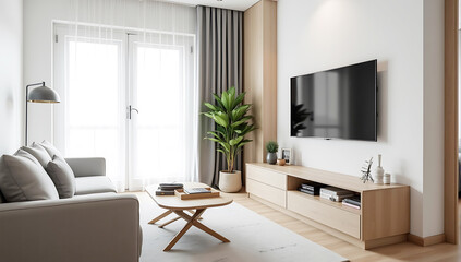 A small living room with space-saving furniture, light gray tones, and smart storage solutions. A foldable coffee table and a mounted TV on a clean wall optimize the space