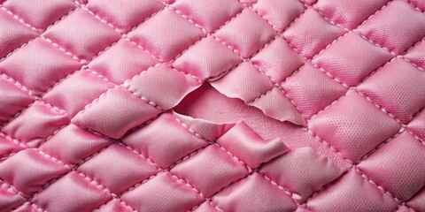 Fototapeta premium CloseUp of Torn Pink Quilted Plush Foam Exposing Layers of Cushioning Material , torn, pink, quilted, plush, foam, cushioning