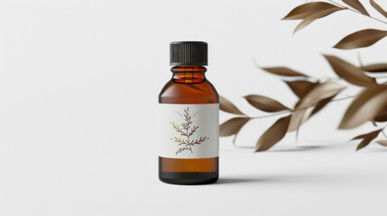 Realistic essential oil bottle mock-up with matte label, amber hue, on a white background