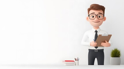 Smiling office manager holding a clipboard, rendered in 3D cartoon style, professional attire, isolated on white