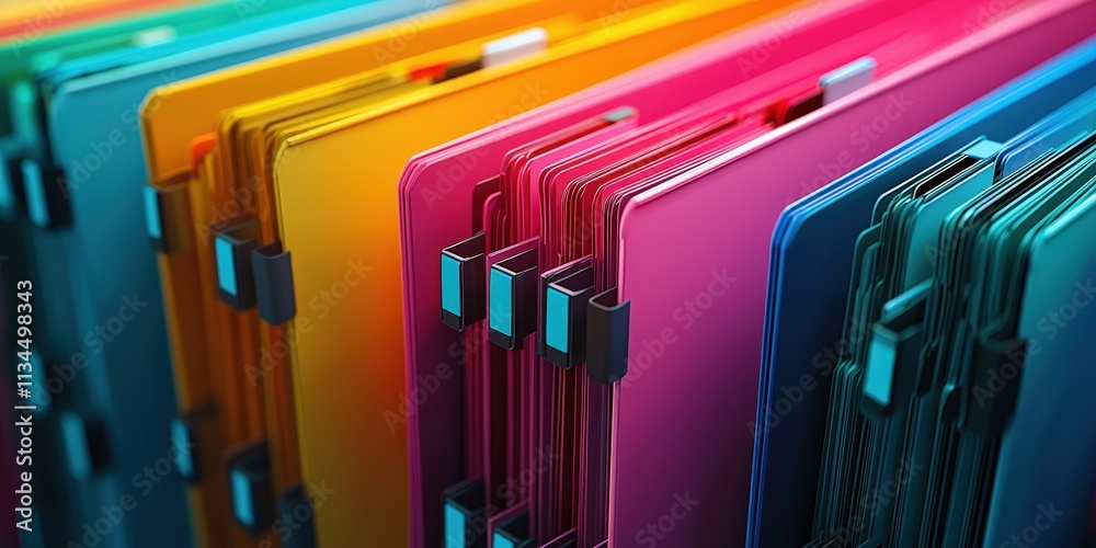 Poster futuristic abstract network grid illustrating colorful files and folders in organized layout for mod