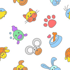 Animals and pets seamless pattern. Background pattern with cat, fish, dog footprint for veterinary and healthcare topics.