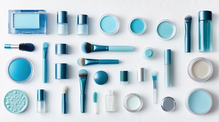 Aesthetic Arrangement of Blue Cosmetic Products and Tools on White Background for Beauty and Makeup Related Projects, Ads, and Marketing Campaigns