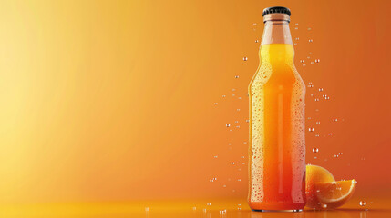 Realistic juice bottle with condensation, bold label, and bright background