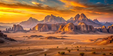 Fototapeta premium Golden Hour Desert Landscape with Rugged Mountains and Winding Trails