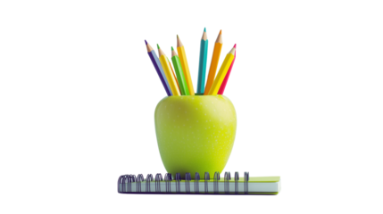 An apple on top of a spiral notebook, colored pencils, and a pencil in a canister, on a transparent backgrounds