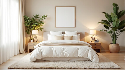 A tranquil bedroom with a large bed dressed in white and beige linens, a plush rug, and ambient lighting from bedside lamps