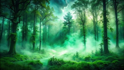 Obraz premium Green fog engulfing a mysterious forest , mystical, eerie, ethereal, atmospheric, spooky, abstract, surreal, environmental
