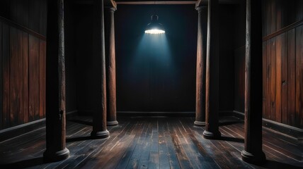Dark room with a light shining on the floor
