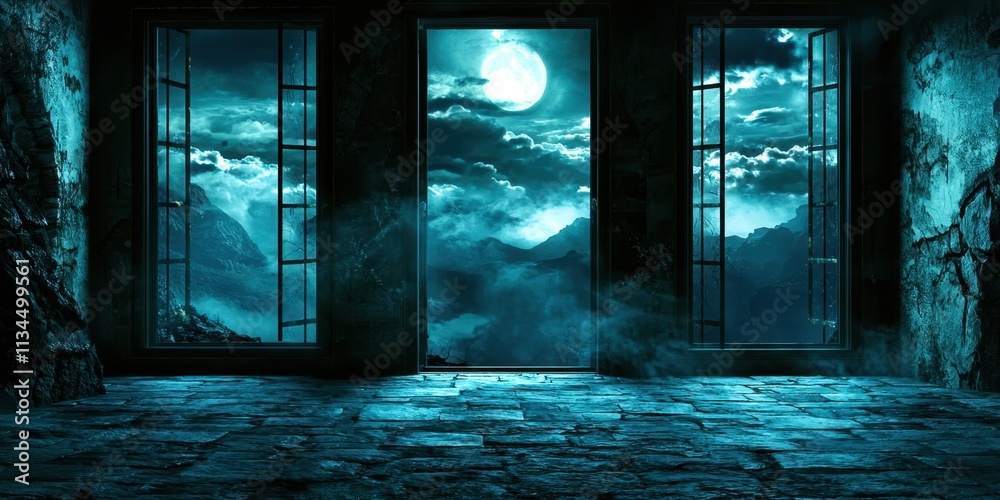 Poster room with three windows and a large moon in the sky