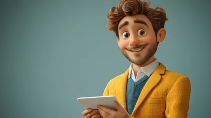 Worker in a blazer, holding a tablet, smiling, confident posture, rendered in 3D cartoon style, isolated on white background