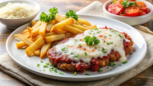 Delicious Parmegiana beef served with rice and french fries on a white plate, executive dish, Brazilian cuisine