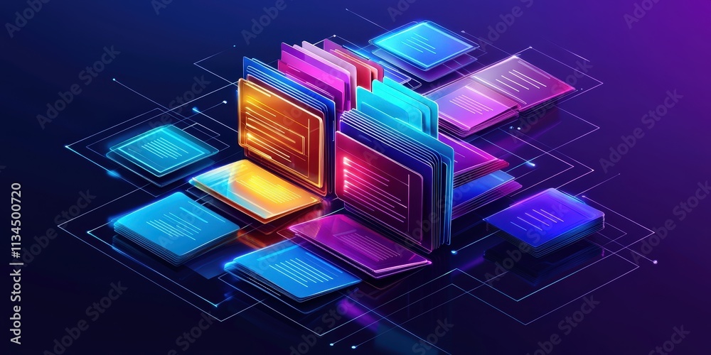Poster futuristic abstract network grid of colorful files and folders on a dark background featuring dynami