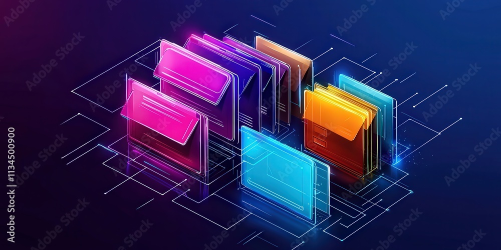 Poster abstract futuristic digital network with colorful files and folders arranged in a grid for stock and