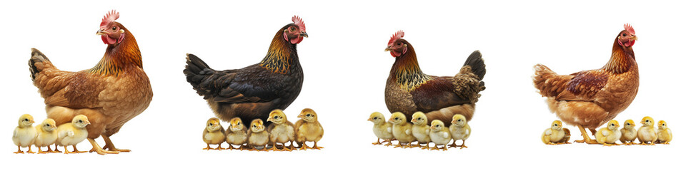 Fototapeta premium set of A brown hen with her chicks, on a transparent backgrounds