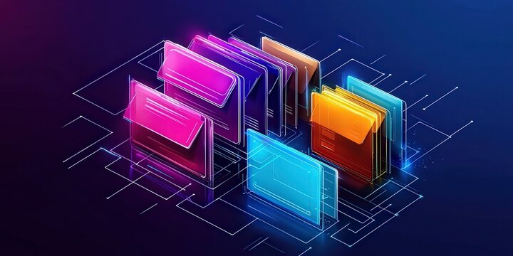 Abstract Futuristic Digital Network with Colorful Files and Folders Arranged in a Grid for Stock and Data Management Concepts