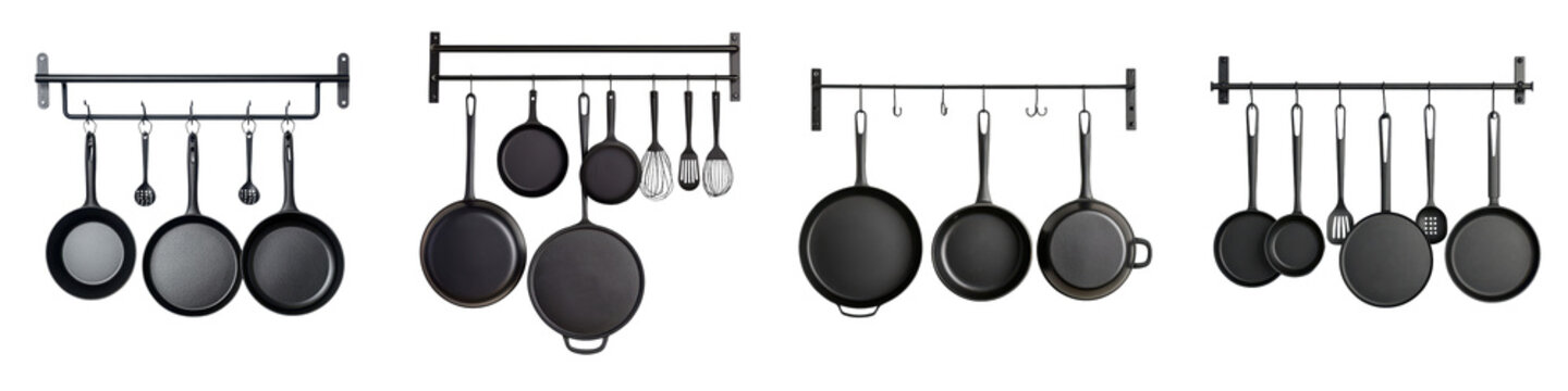 Assorted collection of hanging pots pans and kitchen utensils organized on a metal rack in a modern household interior  Variety of cooking equipment and tools displayed for storage and accessibility