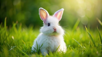 Obraz premium Close up of a fluffy white bunny sitting in a field of green grass, bunny, rabbit, fluffy, white, animal, cute, furry, field, green