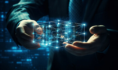 Fototapeta premium Blockchain technology, Businessman touch blockchain icon on structure global network. Virtual secure of business data information of global connected. Abstract holographic display.
