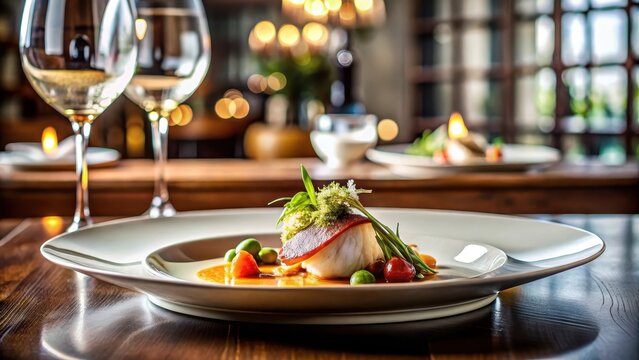 Elegant and modern dish in a fancy restaurant setting, gourmet, fine dining, high-end, upscale