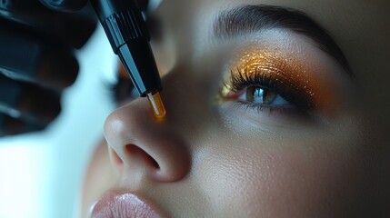 A close-up of a makeup application featuring a shimmering gold eyeshadow.