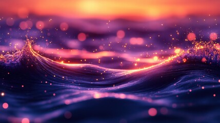 Obraz premium Waves shimmer with golden light during a breathtaking sunset on the tranquil ocean, creating a mesmerizing atmosphere for reflection