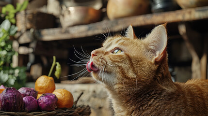 close up of ginger cat licking its nose near colorful fruits, showcasing curiosity and