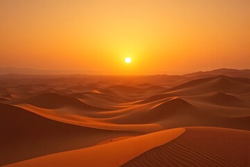 A sunrise over a vast desert with sand dunes stretching to the horizon.