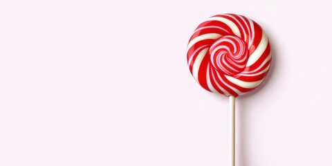 Red and white striped lollipop is sitting on a white background