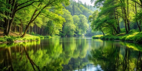 Fototapeta premium Tranquil landscape of a serene forest with lush greenery and calm waters , peaceful, serene, nature, tranquil, forest, trees
